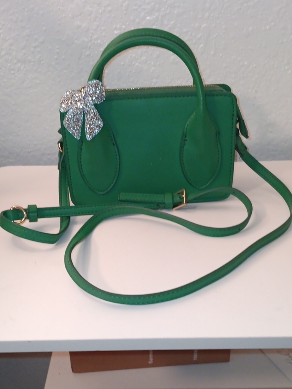 Green Mini Satchel Crossbody Bag with Bow Accent. Please Read Description.